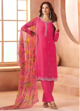 Chiffon Straight Suit in Rose Pink with Embroidered Work for Women