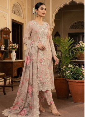 Chiffon Straight Suit with Digital Print Work for Women in Beige