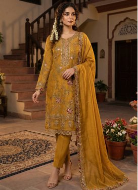 Chiffon Straight Suit with Embroidered Work for Ceremonial in Mustard