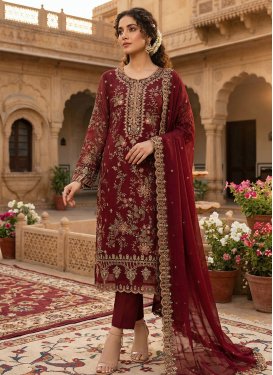 Chiffon Straight Suit with Embroidered Work for Ceremonial in Red