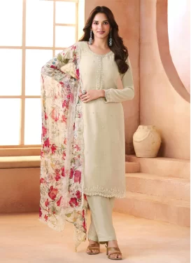 Chiffon Straight Suit with Embroidered Work for Festival in Off White