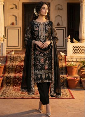 Chiffon Straight Suit with Embroidered Work in Black