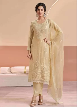 Chiffon Straight Suit with Embroidered Work in Cream