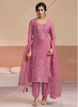 Chiffon Straight Suit with Embroidered Work in Mauve Pink for Festival