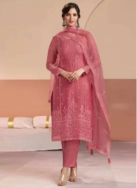 Chiffon Straight Suit with Embroidered Work in Salmon for Party