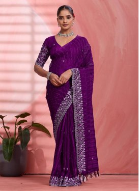 Chiffon Traditional Saree with Embroidered Work for Casual in Purple