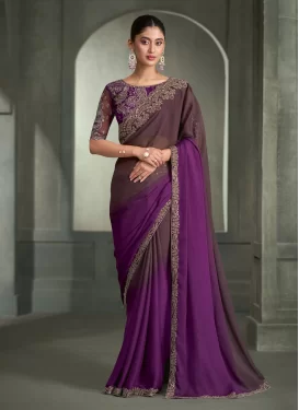 Chiffon Traditional Saree with Embroidered Work in Purple and Wine