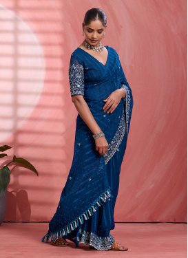 Chiffon Trendy Saree in Navy Blue with Embroidered Work for Women