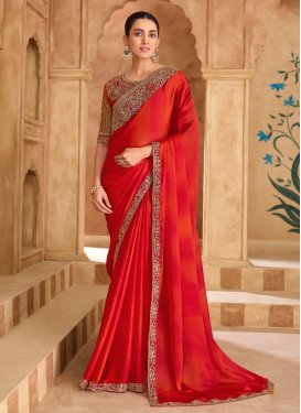 Chiffon Trendy Saree in Red with Embroidered Work for Women