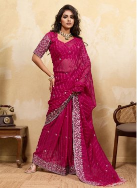 Chiffon Trendy Saree in Rose Pink with Embroidered Work for Women