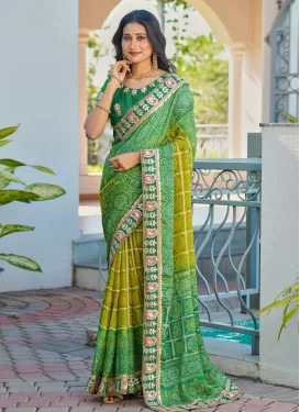 Chiffon Trendy Saree with Bandhani Print Work for Ceremonial in Green and Olive