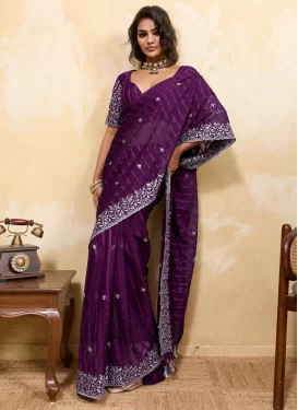 Chiffon Trendy Saree with Embroidered Work for Women in Purple