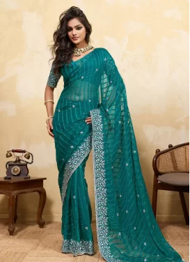 Chiffon Trendy Saree with Embroidered Work in Teal