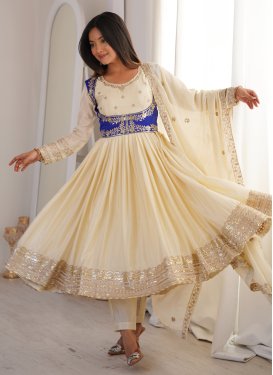 Chinon Anarkali Suit with Embroidered Work in Cream