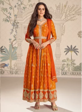 Chinon Bandhani Print Work Readymade Salwar Suit in Orange