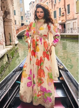 Chinon Designer Gown in Cream with Digital Print Work for Women