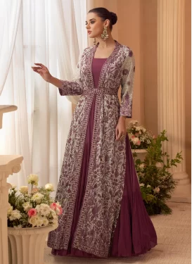 Chinon Designer Gown in Crimson and Off White with Embroidered Work for Women