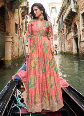 Chinon Designer Gown in Salmon with Digital Print Work for Festival