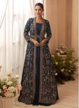 Chinon Designer Gown with Embroidered Work for Women in Navy Blue