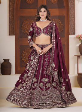 Chinon Designer Lehenga Choli with Embroidered Work in Wine