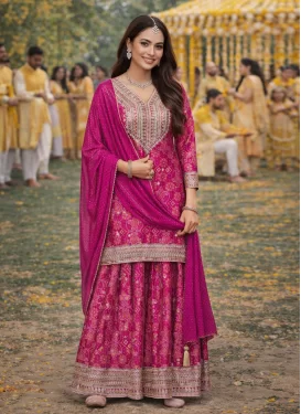 Chinon Digital Print Work Palazzo Suit in Fuchsia