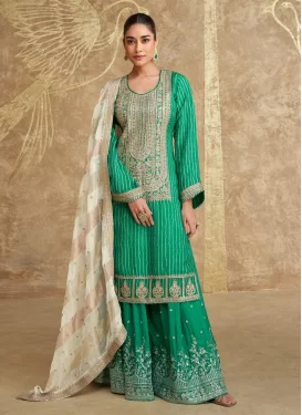 Chinon Embroidered Work Palazzo Suit in Sea Green