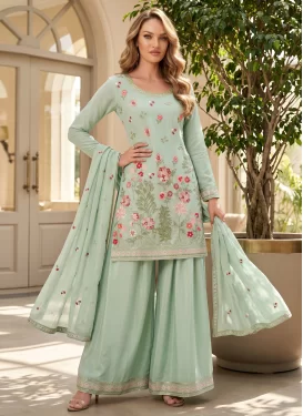 Chinon Embroidered Work Palazzo Suit in Turquoise
