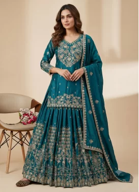 Chinon Embroidered Work Readymade Salwar Suit in Teal
