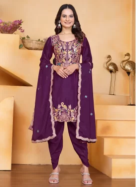 Chinon Embroidered Work Readymade Salwar Suit in Wine