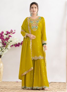 Chinon Embroidered Work Sharara Suit in Olive