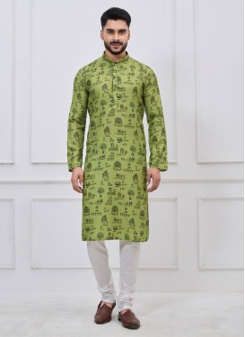 Chinon Kurta Pajama in Mint Green with Digital Print Work for Ceremonial