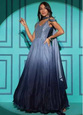 Chinon Light Blue and Navy Blue Embroidered Work Readymade Long Length Gown