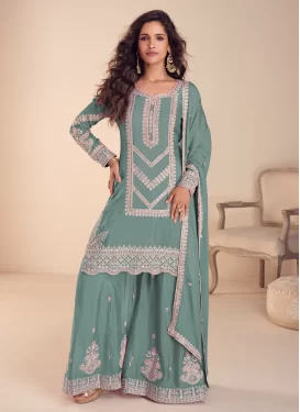 Chinon Palazzo Suit in Aqua Blue with Cutdana Work for Ceremonial