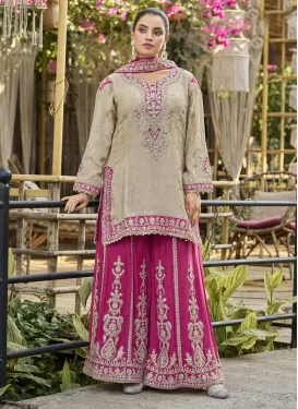 Chinon Palazzo Suit in Beige and Rose Pink with Beads Work for Festival