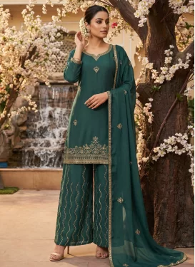 Chinon Palazzo Suit in Green with Embroidered Work for Women