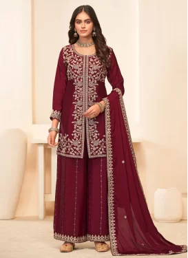 Chinon Palazzo Suit in Maroon with Embroidered Work for Party