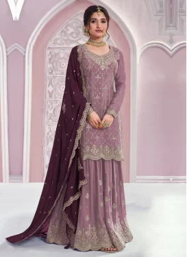 Chinon Palazzo Suit in Mauve Pink with Embroidered Work for Women