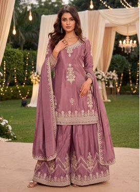 Chinon Palazzo Suit in Mauve Pink with Embroidered Work for Women