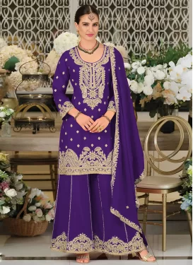 Chinon Palazzo Suit in Purple with Embroidered Work for Ceremonial
