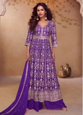 Chinon Palazzo Suit in Purple with Embroidered Work for Women