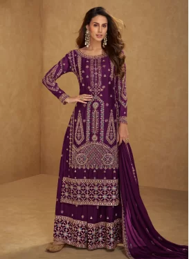 Chinon Palazzo Suit in Purple with Embroidered Work for Women