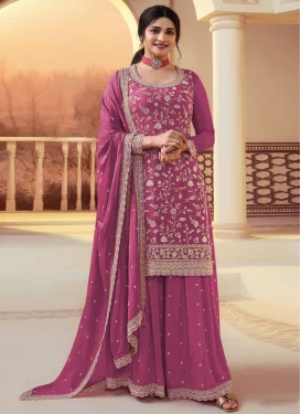 Chinon Palazzo Suit in Rose Pink with Embroidered Work for Ceremonial