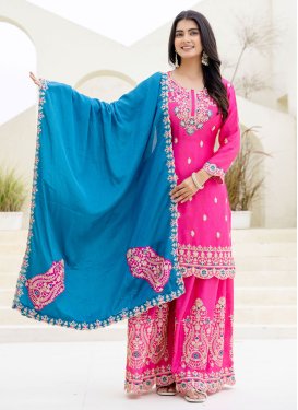 Chinon Palazzo Suit in Rose Pink with Embroidered Work for Ceremonial