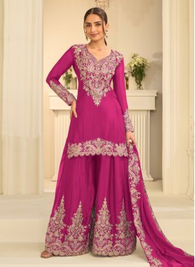 Chinon Palazzo Suit in Rose Pink with Embroidered Work for Ceremonial