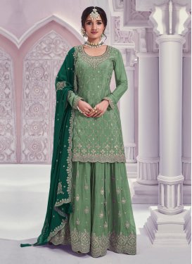 Chinon Palazzo Suit in Sea Green with Embroidered Work for Women