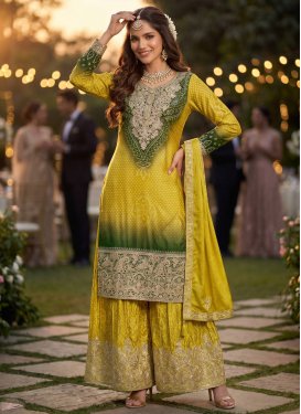 Chinon Palazzo Suit with Bandhani Print Work for Party in Green and Yellow