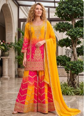 Chinon Palazzo Suit with Bandhani Print Work in Mustard and Rose Pink for Party