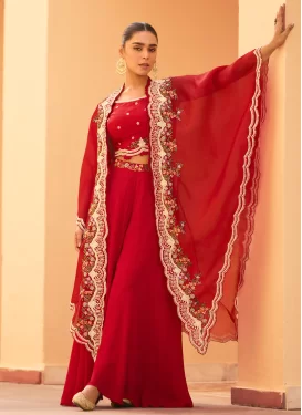 Chinon Palazzo Suit with Beads Work for Women in Red