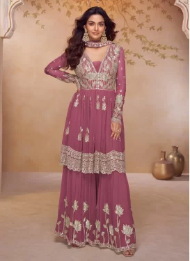 Chinon Palazzo Suit with Cutdana Work for Festival in Hot Pink