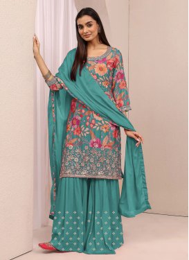 Chinon Palazzo Suit with Digital Print Work for Ceremonial in Turquoise